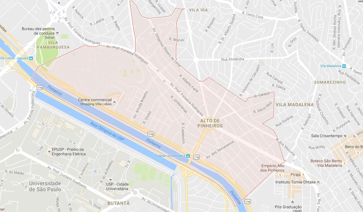 Kartta Alto de pinheiros-moottoritietä São Paulo