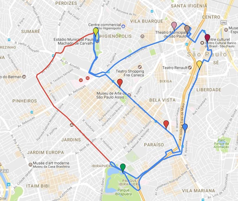 Kartta pyöreä turismo São Paulo - Linjat
